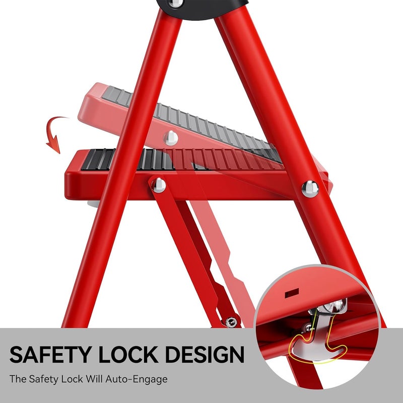 KINGRACK 2 Step Ladder, 2 Step Folding,Kitchen Ladder with Anti-Slip and Wide Pedal,Small Step Ladder with Handrails,Lightweight Portable Step Ladder for Kitchen Household,Red - Image 4